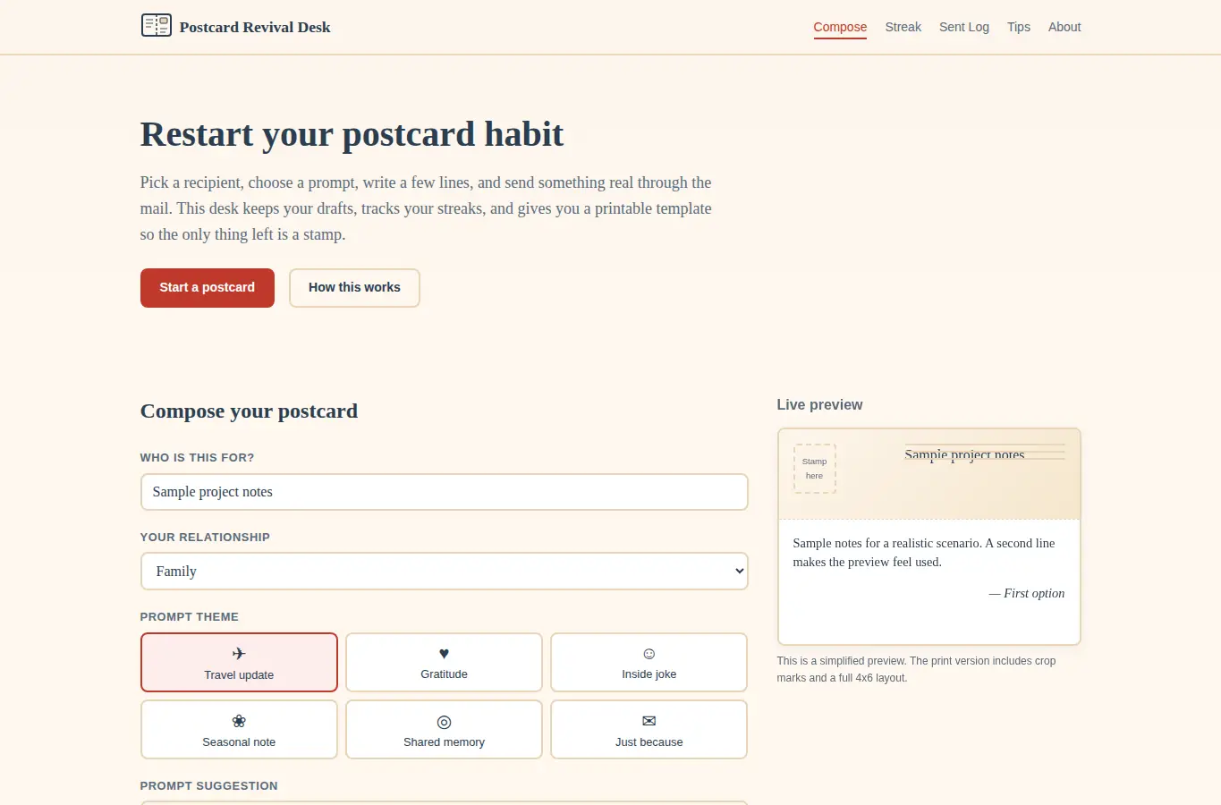 Screenshot of Postcard Revival Desk interface showing the project page in use